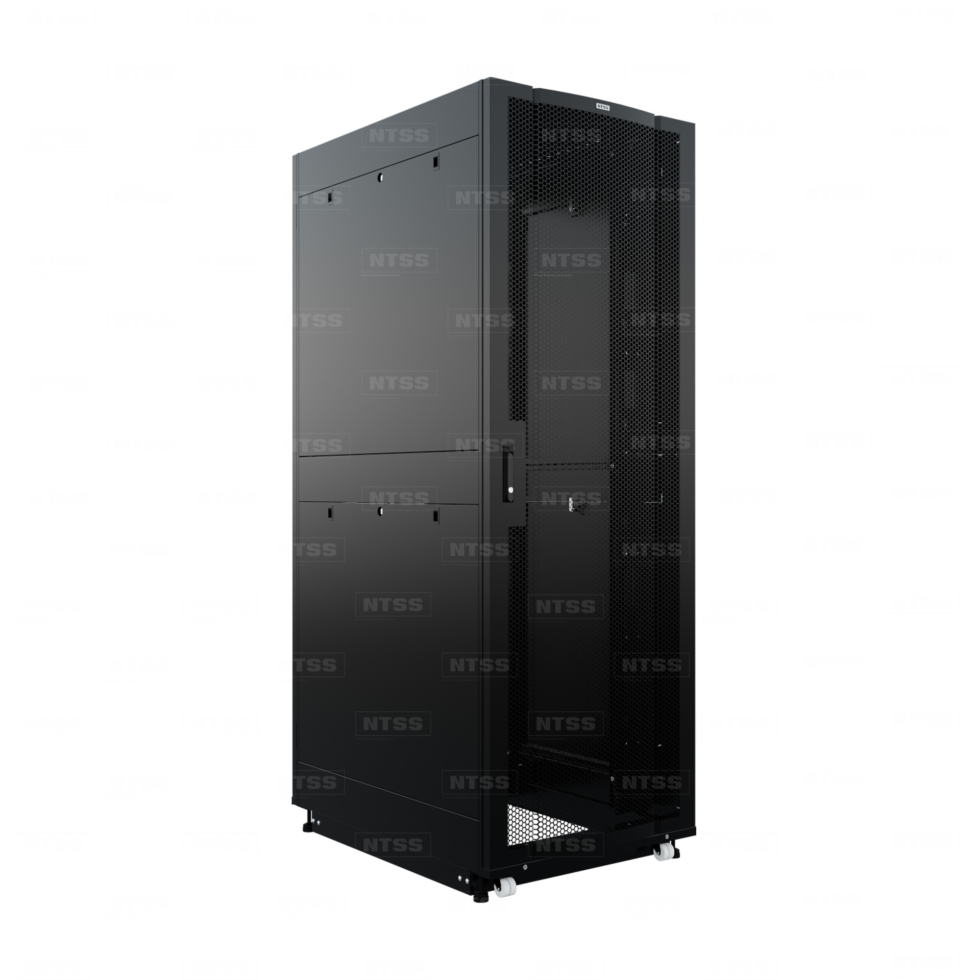 19" Напольный серверный шкаф NTSS ПРОЦОД PC 42U 800х1070 мм, передняя дверь перфорация, задняя дверь распашная двойная перфорированная, боковые стенки, регулируемые опоры, ролики, черный RAL 9005  