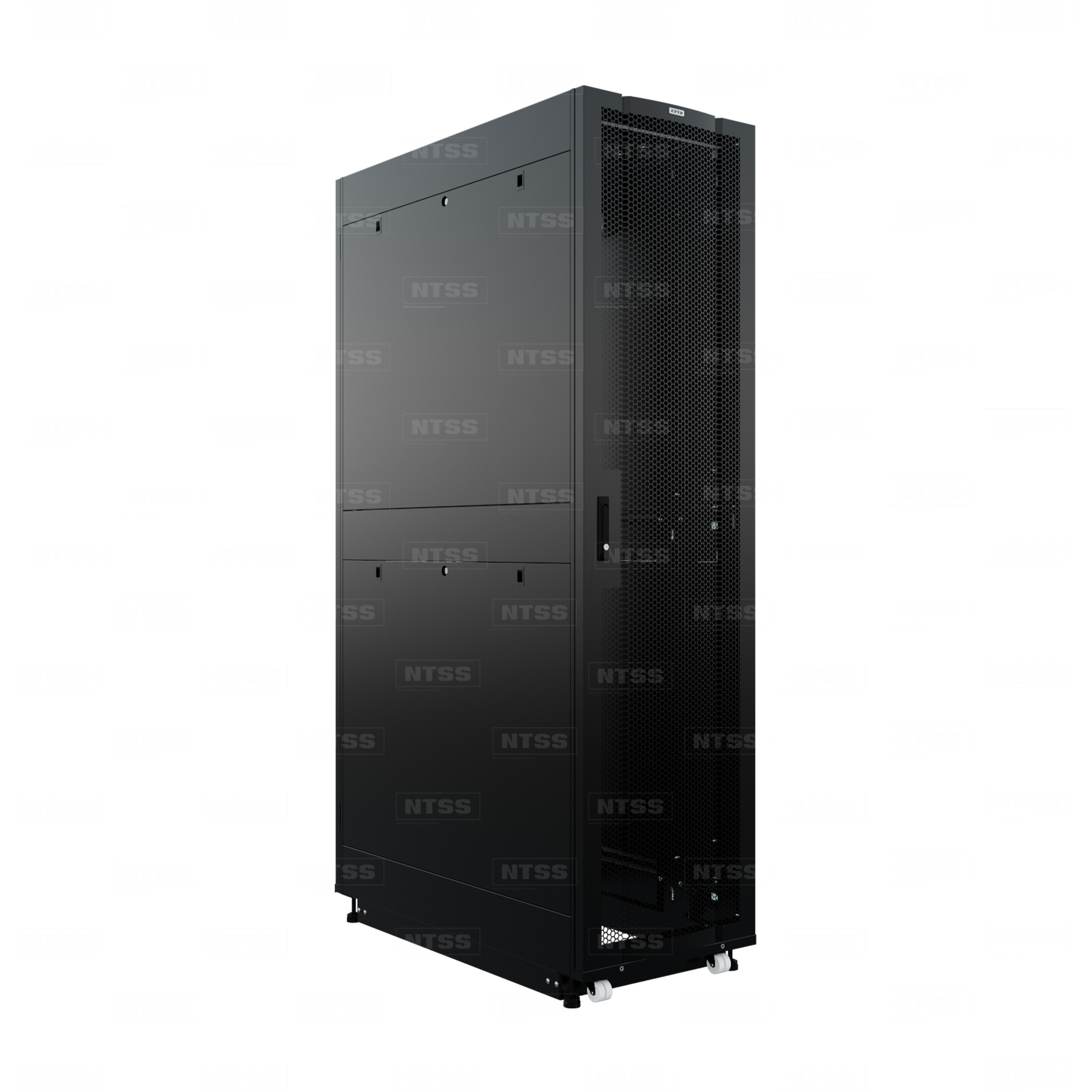 19" Напольный серверный шкаф NTSS ПРОЦОД PC 45U 600х1200 мм, передняя дверь перфорация, задняя дверь распашная двойная перфорированная, боковые стенки, регулируемые опоры, ролики, черный RAL 9005  