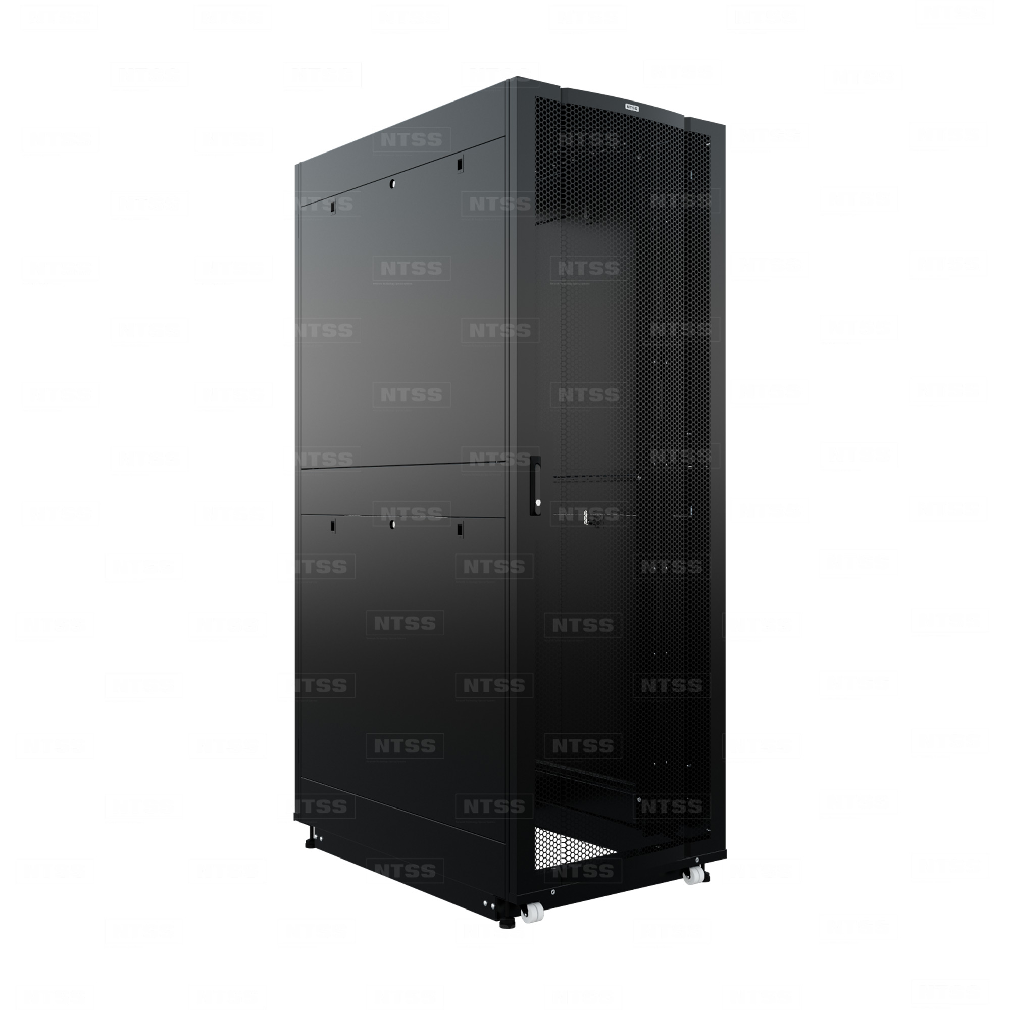19" Напольный серверный шкаф NTSS ПРОЦОД 47U PC 800х1200 мм, передняя дверь перфорация, задняя дверь распашная двойная перфорированная, боковые стенки, регулируемые опоры, ролики, черный RAL 9005  