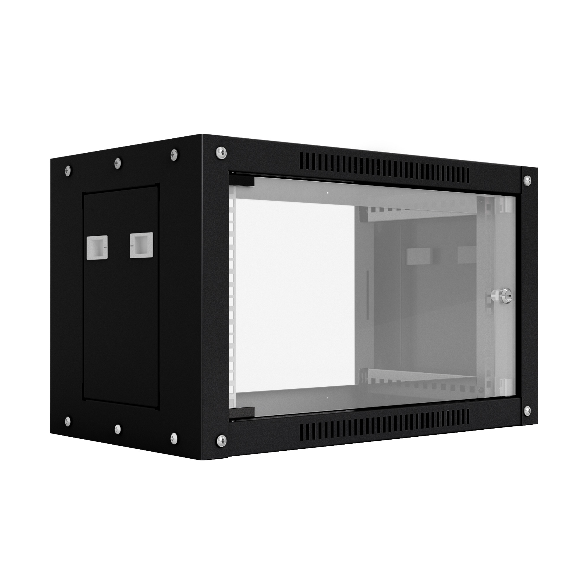 Шкаф настенный телекоммуникационный NTSS WS 15U 600х450х770мм, 2 профиля 19, дверь стеклянная, боковые стенки съемные, разобранный, черный RAL 9005