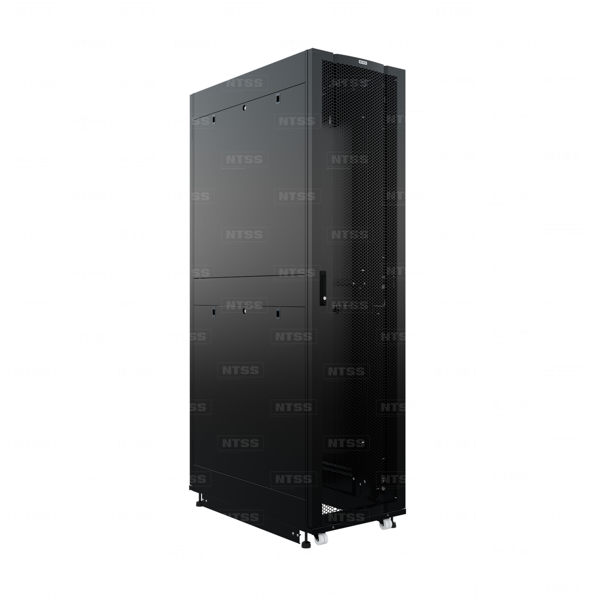 19" Напольный серверный шкаф NTSS ПРОЦОД PC 48U 600х1070 мм, передняя дверь перфорация, задняя дверь распашная двойная перфорированная, боковые стенки, регулируемые опоры, ролики, черный RAL 9005