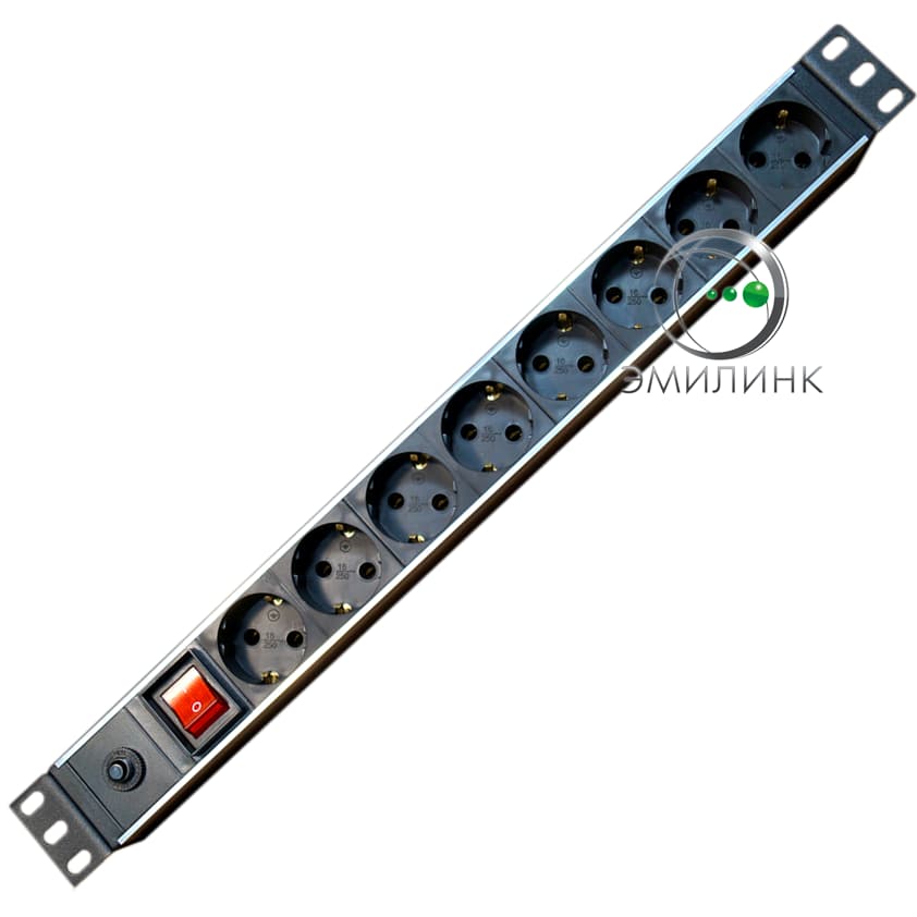 Блок распределения питания 19" 10А/250В, 8 розеток CEE7/7 (Schuko), выключатель, кабель питания 3х1,0 с вилкой IEC 60320 C14, длина 3 метра, 482,6 х 44,4 х 44,4 мм