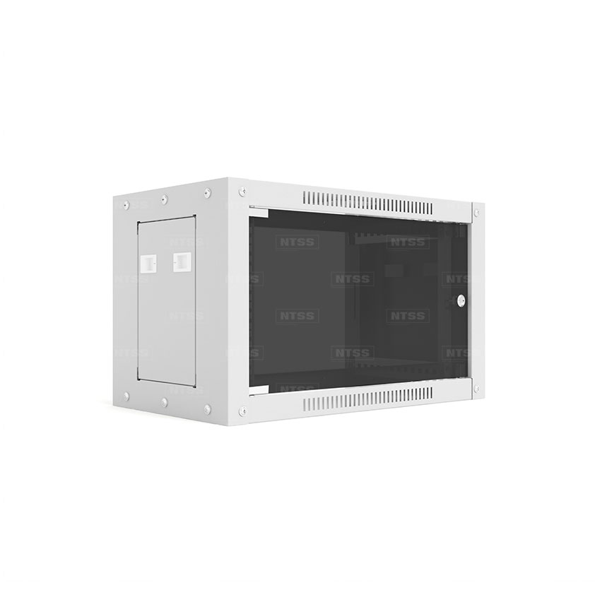 Шкаф настенный телекоммуникационный NTSS WS 9U 600х600х500мм, 2 профиля 19, дверь стеклянная, боковые стенки съемные, разобранный, серый RAL 7035