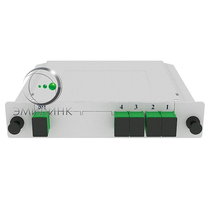 Разветвитель планарный 1х4 оконцованный SC/АPC 9/125 вывод 0.36м буфер 0.9мм 1260/1650 установлен в LGX box